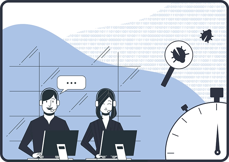 Illustration, die den HumHub Customer Service mit Bugfixing visualisiert.